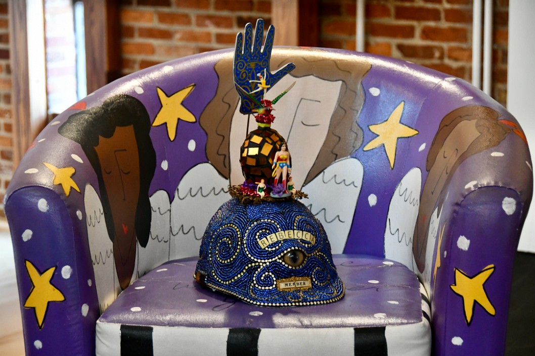 Rebeccas Custom Hard Hat in a Wonderful Chair